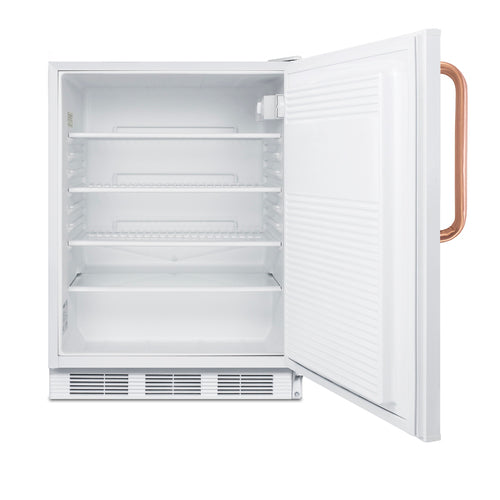 An empty, white undercounter refrigerator with its door open, revealing three wire shelves and a bottom drawer. The interior is clean and well-lit. The exterior door has a brown handle, and vent slots are visible along the bottom front edge.