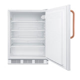 An empty, white undercounter refrigerator with its door open, revealing three wire shelves and a bottom drawer. The interior is clean and well-lit. The exterior door has a brown handle, and vent slots are visible along the bottom front edge.