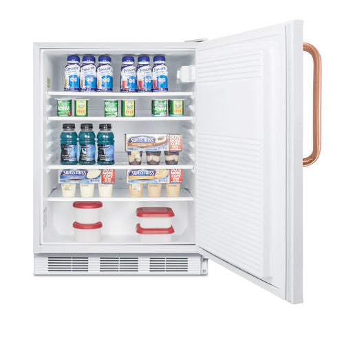 An open undercounter refrigerator, featuring a copper handle and a white interior, is stocked with yogurt drinks on the top two shelves, energy drinks and yogurt cups on the third shelf, and four small rectangular food containers on the bottom shelf.