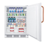 An open undercounter refrigerator, featuring a copper handle and a white interior, is stocked with yogurt drinks on the top two shelves, energy drinks and yogurt cups on the third shelf, and four small rectangular food containers on the bottom shelf.