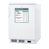A white upright commercial refrigerator with a handle on the left side, front warning label, digital temperature display near the base, and ventilation grilles. The warning label includes safety icons, usage instructions, and a temperature chart for general-purpose storage. Ideal as an Accucold All-Refrigerator or counter height refrigerator for commercial environments.