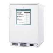 A white upright commercial refrigerator with a handle on the left side, front warning label, digital temperature display near the base, and ventilation grilles. The warning label includes safety icons, usage instructions, and a temperature chart for general-purpose storage. Ideal as an Accucold All-Refrigerator or counter height refrigerator for commercial environments.