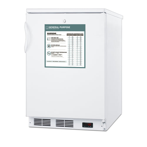 A white upright commercial refrigerator with a handle on the left side, front warning label, digital temperature display near the base, and ventilation grilles. The warning label includes safety icons, usage instructions, and a temperature chart for general-purpose storage. Ideal as an Accucold All-Refrigerator or counter height refrigerator for commercial environments.