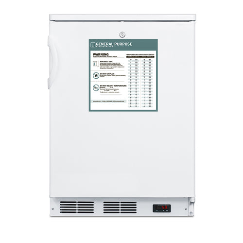 A white upright laboratory freezer with a side handle, digital temperature display near the base, and a label titled General Purpose featuring warnings and a temperature conversion chart on the front door. Reminiscent of an Accucold All-Refrigerator, this unit is closed and set against a plain white background.