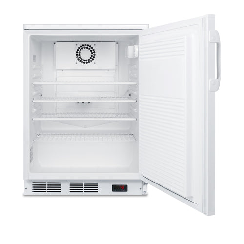 A white Accucold All-Refrigerator with an open door reveals three wire shelves and an empty interior. The vent and fan are visible on the back wall, and a small digital display is located at the bottom front of this commercial refrigerator.