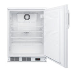A white Accucold All-Refrigerator with an open door reveals three wire shelves and an empty interior. The vent and fan are visible on the back wall, and a small digital display is located at the bottom front of this commercial refrigerator.