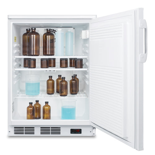 An open white Accucold All-Refrigerator, designed in a counter height style for professional settings, shows three shelves holding several brown glass bottles, clear bottles, and beakers with blue liquid. The door is open to the right, revealing the textured inner side and a digital display at the fridge’s bottom—features typical of this reliable commercial refrigerator.