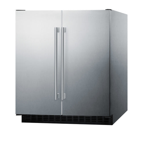 A stainless steel, double-door commercial refrigerator with vertical handles, black vent at the bottom, and a sleek modern design. The doors are closed, and the unit has a boxy shape with clean edges, making it an ideal built-in undercounter refrigerator-freezer for any contemporary kitchen or professional setting.