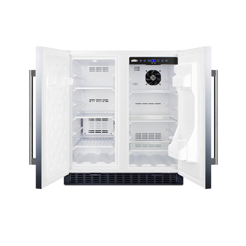 A double-door stainless steel refrigerator with both doors open, revealing empty shelves, door bins, and a digital control panel above the fan inside. This commercial refrigerator features a modern design with sleek handles and a white interior, offering ample storage space ideal for contemporary kitchens.