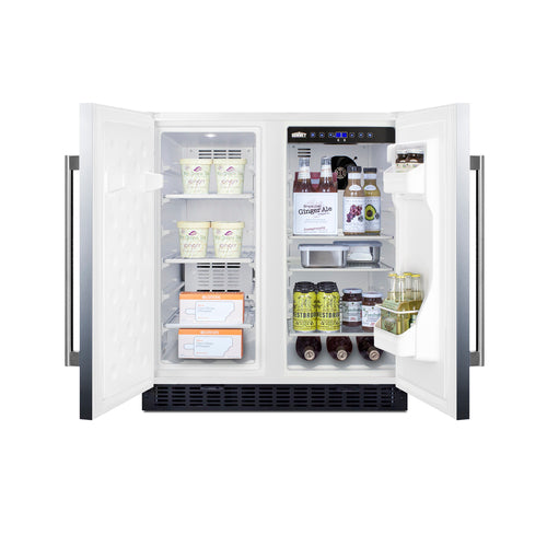 A double-door stainless steel refrigerator with the left freezer side holding ice cream, frozen meals, and ice cube trays. The right fridge side contains soda cans, bottled drinks, condiments, and jars. The doors have sleek stainless steel handles, and the interior is brightly lit.