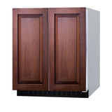 A freestanding Built-in Undercounter Refrigerator-Freezer with panel-ready doors featuring two paneled wooden doors in a medium brown finish and a black vent at the bottom, shown against a plain white background. The side of the unit is white, and the doors have raised rectangular panels. Designed for convenience, this appliance features automatic defrost refrigerator technology for easy maintenance.