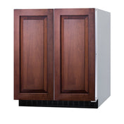 A freestanding Built-in Undercounter Refrigerator-Freezer with panel-ready doors featuring two paneled wooden doors in a medium brown finish and a black vent at the bottom, shown against a plain white background. The side of the unit is white, and the doors have raised rectangular panels. Designed for convenience, this appliance features automatic defrost refrigerator technology for easy maintenance.