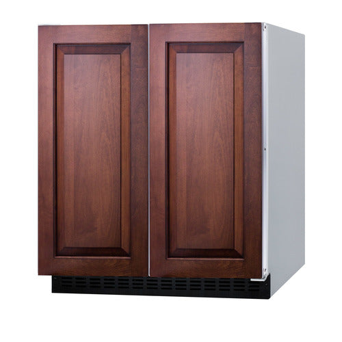 A freestanding Built-in Undercounter Refrigerator-Freezer with panel-ready doors featuring two paneled wooden doors in a medium brown finish and a black vent at the bottom, shown against a plain white background. The side of the unit is white, and the doors have raised rectangular panels. Designed for convenience, this appliance features automatic defrost refrigerator technology for easy maintenance.