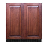 A built-in undercounter refrigerator-freezer with panel-ready doors, featuring two paneled wood fronts in a dark brown finish and recessed rectangular designs. The lower front includes a black vent grille, while the automatic defrost refrigerator seamlessly blends with traditional cabinetry.