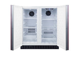 A two-door, empty freezer with open, panel-ready doors. The left side has wire shelves and a basket; the right side has clear shelves and a digital display at the top, reflecting the design of a built-in undercounter refrigerator-freezer. Both compartments feature a circular fan at the back, while the exterior edges appear dark-colored.
