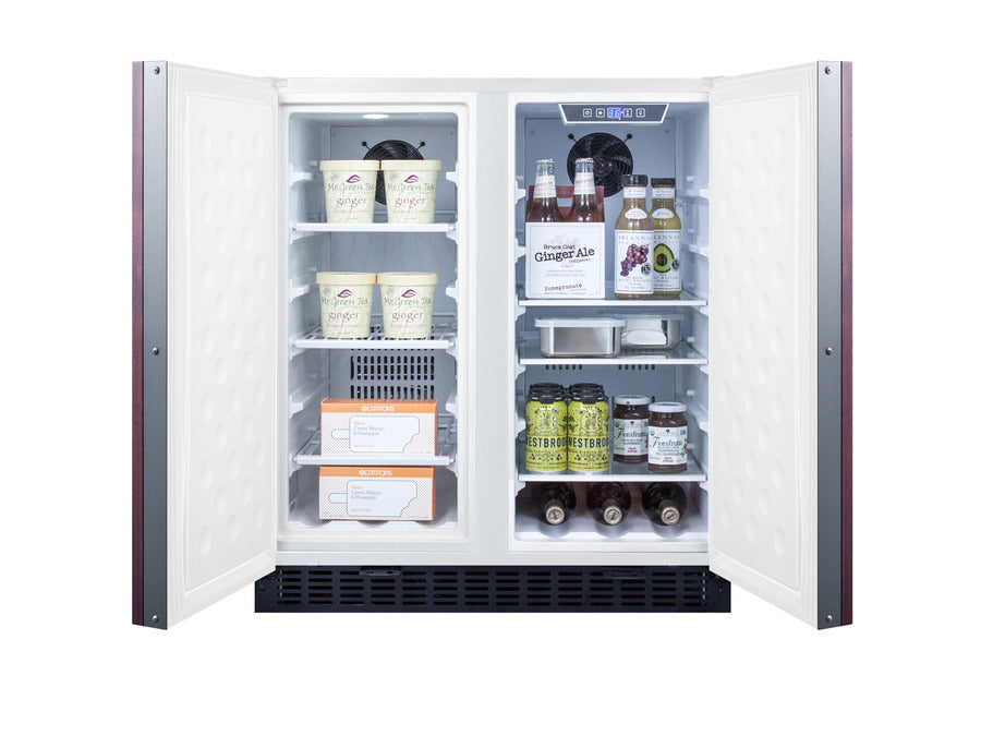 A Built-in Undercounter Refrigerator-Freezer with panel-ready doors stands open, revealing ice cream tubs, ice packs, canned sparkling water, ginger ale bottles, grape juice, tonic water, and other drinks neatly arranged on shelves and in bins. This automatic defrost refrigerator ensures effortless maintenance while keeping your favorite treats perfectly chilled.