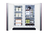 A Built-in Undercounter Refrigerator-Freezer with panel-ready doors stands open, revealing ice cream tubs, ice packs, canned sparkling water, ginger ale bottles, grape juice, tonic water, and other drinks neatly arranged on shelves and in bins. This automatic defrost refrigerator ensures effortless maintenance while keeping your favorite treats perfectly chilled.