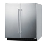 A stainless steel, double-door built-in undercounter refrigerator-freezer with vertical handles and a black vent at the bottom, shown against a white background.