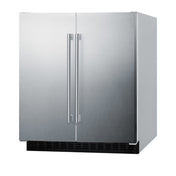 A stainless steel, double-door built-in undercounter refrigerator-freezer with vertical handles and a black vent at the bottom, shown against a white background.