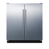 A stainless steel, double-door commercial refrigerator-freezer with vertical handles is shown from the front against a plain white background. The bottom features a black vent, and the design is modern and minimalist, with no visible brand markings or external controls.