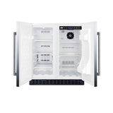 A double-door stainless steel refrigerator with both doors open. The left side has three wire shelves, while the right side features glass shelves and a door rack. A digital control panel and fan are visible at the top right inside, like those found in a commercial refrigerator-freezer. The built-in undercounter refrigerator-freezer is empty and clean.