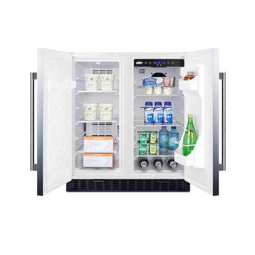 A double-door mini fridge, styled like a sleek stainless steel refrigerator, is open to display organized shelves. The left side holds ice cream, ice, and milk, while the right side contains cans, bottled drinks, a water filter, and jars. Door racks store a green bottle and condiments. The control panel is at the top—perfect for anyone seeking the convenience of a built-in undercounter.