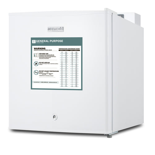 A compact, white medical refrigerator with a lock on the door and a green General Purpose warning label listing temperature conversion charts, safety instructions, and warnings. The Accucold brand name appears above the label. Featuring a digital thermostat for precise temperature control, this unit is ideal for secure storage in any medical setting. The refrigerator sits on a white background.