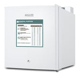 A compact, white medical refrigerator with a lock on the door and a green General Purpose warning label listing temperature conversion charts, safety instructions, and warnings. The Accucold brand name appears above the label. Featuring a digital thermostat for precise temperature control, this unit is ideal for secure storage in any medical setting. The refrigerator sits on a white background.