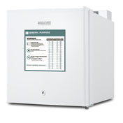 A compact, white medical refrigerator with a lock on the door and a green General Purpose warning label listing temperature conversion charts, safety instructions, and warnings. The Accucold brand name appears above the label. Featuring a digital thermostat for precise temperature control, this unit is ideal for secure storage in any medical setting. The refrigerator sits on a white background.