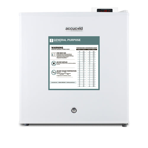 A small white fridge labeled accucold with a digital display on top right, a lock at the bottom center, and a large warning and temperature chart on the front. This compact all-freezer features a digital thermostat for precise control and safety warnings suitable for general purpose use, making it ideal as a medical freezer where reliable temperature management is crucial. The chart lists temperature conversions and important safety guidelines.