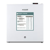 A small white fridge labeled accucold with a digital display on top right, a lock at the bottom center, and a large warning and temperature chart on the front. This compact all-freezer features a digital thermostat for precise control and safety warnings suitable for general purpose use, making it ideal as a medical freezer where reliable temperature management is crucial. The chart lists temperature conversions and important safety guidelines.