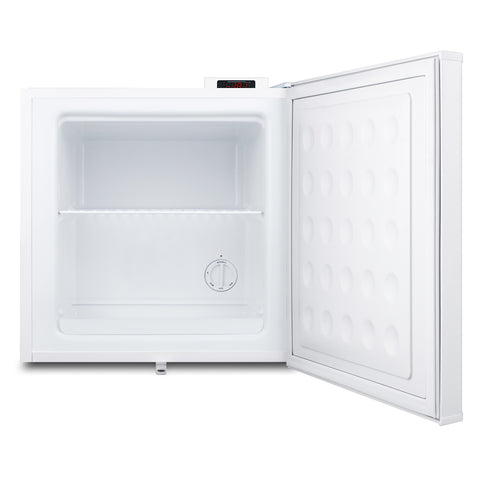 A small, white compact all-freezer mini refrigerator with its door open, revealing a single wire shelf inside. The fridge features a temperature control dial at the bottom right corner inside, along with a digital thermostat display on top. The interior and door are empty and clean, highlighting its potential use as a medical freezer for secure and precise storage.
