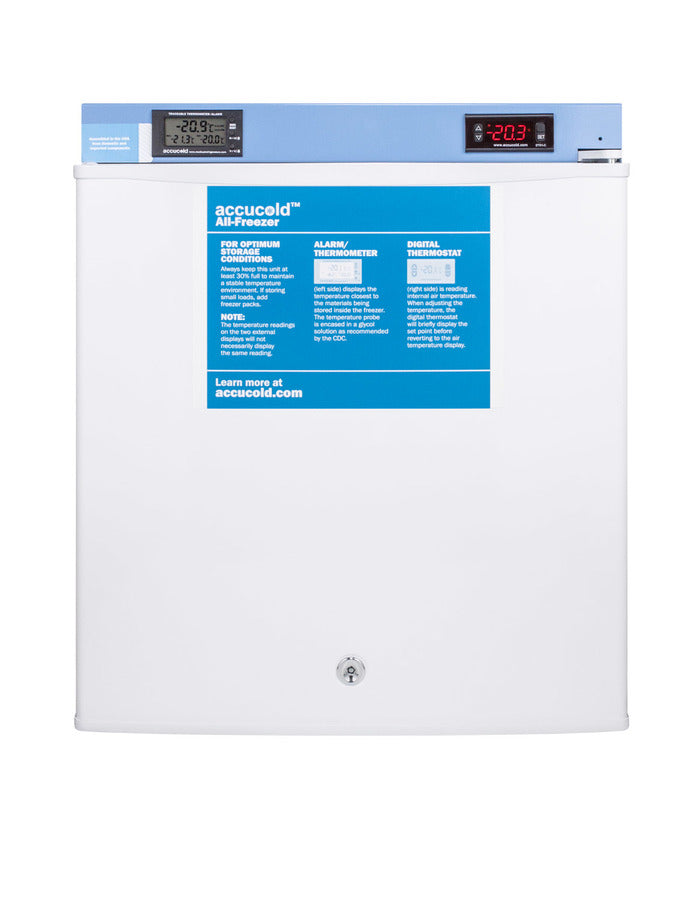 A white Accucold medical freezer, designed as a compact all-freezer, features a blue digital display panel showing temperatures of -20.9°C and -20.3°C. A blue label with instructions is on the front door, and a lock is visible at the bottom center for added security. This unit is NIST calibrated to ensure reliable temperature accuracy for sensitive medical storage needs.