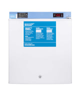 A white Accucold medical freezer, designed as a compact all-freezer, features a blue digital display panel showing temperatures of -20.9°C and -20.3°C. A blue label with instructions is on the front door, and a lock is visible at the bottom center for added security. This unit is NIST calibrated to ensure reliable temperature accuracy for sensitive medical storage needs.