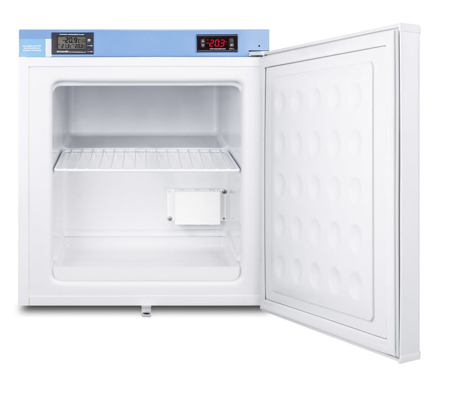 A hospital grade laboratory freezer with a blue and white top panel showing digital temperature readings. The door is open, revealing an empty interior with a single wire shelf and a rectangular compartment at the back. The inside of the door has a textured surface, providing secure cold storage suitable for medical compact all-freezer needs.