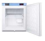 A hospital grade laboratory freezer with a blue and white top panel showing digital temperature readings. The door is open, revealing an empty interior with a single wire shelf and a rectangular compartment at the back. The inside of the door has a textured surface, providing secure cold storage suitable for medical compact all-freezer needs.