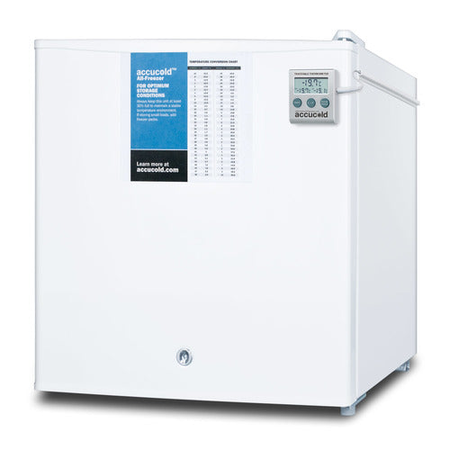 A compact medical freezer designed for undercounter use, featuring a front digital temperature display showing -15.2°C, a reference chart, right-side handle, key lock below, and the “accucold” brand on the display and front panel.
