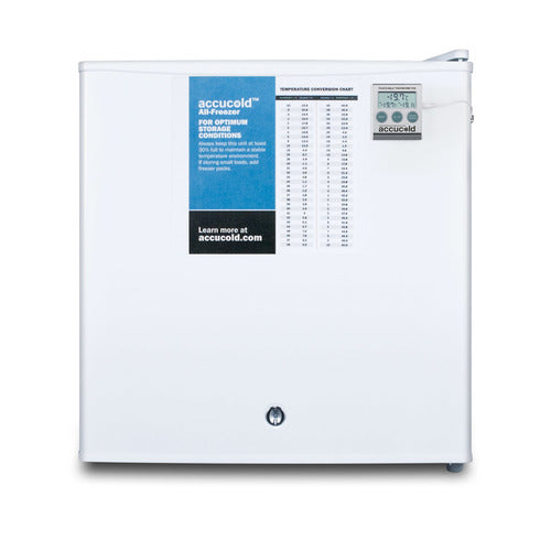 A white Accucold medical freezer with a blue label and temperature conversion chart on the front. A small digital thermometer displays the temperature on the upper right, and there is a lock near the bottom center of the door.