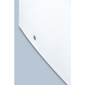 A close-up of a smooth, white, curved bathtub surface with a small silver drain located off-center. The soft blue background creates a clean, minimalist look—much like the sleek design of a compact freezer with strong geometric lines and contrasting colors.