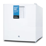 A small, white, square-shaped Accucold Undercounter Freezer with a single door, featuring a blue and white temperature chart and instruction label on the front. Manual defrost and key lock are included. The freezer sits on four small feet.