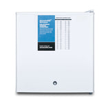 A small, white, square-shaped Accucold medical freezer with a flat front door. The door features a blue and white label displaying brand information, a temperature conversion chart, and a manual defrost lock near the bottom center.