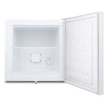 A small, white Accucold Undercounter Freezer with its door open. The interior is empty, featuring a single wire shelf, thermostat dial, and drainage hole at the bottom. Ideal as a medical freezer with manual defrost for precise temperature control.