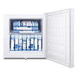 A clean, white Accucold Undercounter Freezer with its door open reveals neatly stacked blue ice packs labeled in white and blue text. This medical freezer’s shelves are empty except for the packs, and it features a manual defrost design.