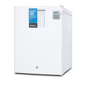 A white, compact Accucold Undercounter Freezer with a digital temperature display on the top right, a blue information label and temperature chart on the front, and a flat door. The unit rests on small legs against a plain white background.
