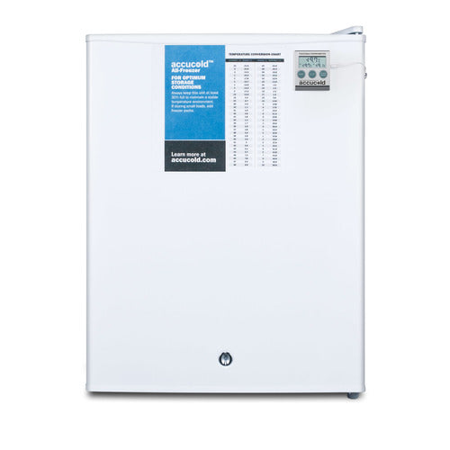 A small white Accucold Undercounter Freezer with a blue label and digital temperature display on the upper right. A temperature log chart is attached to the front, and there’s a lock at the bottom center. Background is plain white.