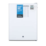 A small white Accucold Undercounter Freezer with a blue label and digital temperature display on the upper right. A temperature log chart is attached to the front, and there’s a lock at the bottom center. Background is plain white.