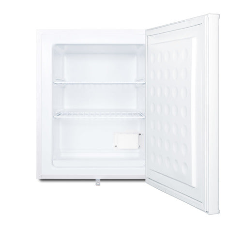 A small white Accucold Undercounter Freezer with its door open, revealing two wire shelves inside. The clean, empty interior and the textured door with circular indents highlight its minimalist and functional commercial freezer design.
