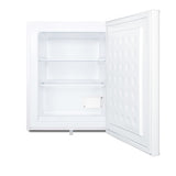 A small white Accucold Undercounter Freezer with its door open, revealing two wire shelves inside. The clean, empty interior and the textured door with circular indents highlight its minimalist and functional commercial freezer design.