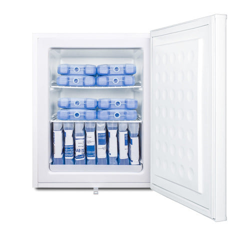 A white medical freezer with its door open, showing two shelves and the base filled with neatly arranged blue ice packs and several white cylindrical containers. The interior of this Accucold Undercounter Freezer is clean and orderly.