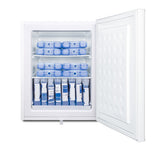 A white medical freezer with its door open, showing two shelves and the base filled with neatly arranged blue ice packs and several white cylindrical containers. The interior of this Accucold Undercounter Freezer is clean and orderly.
